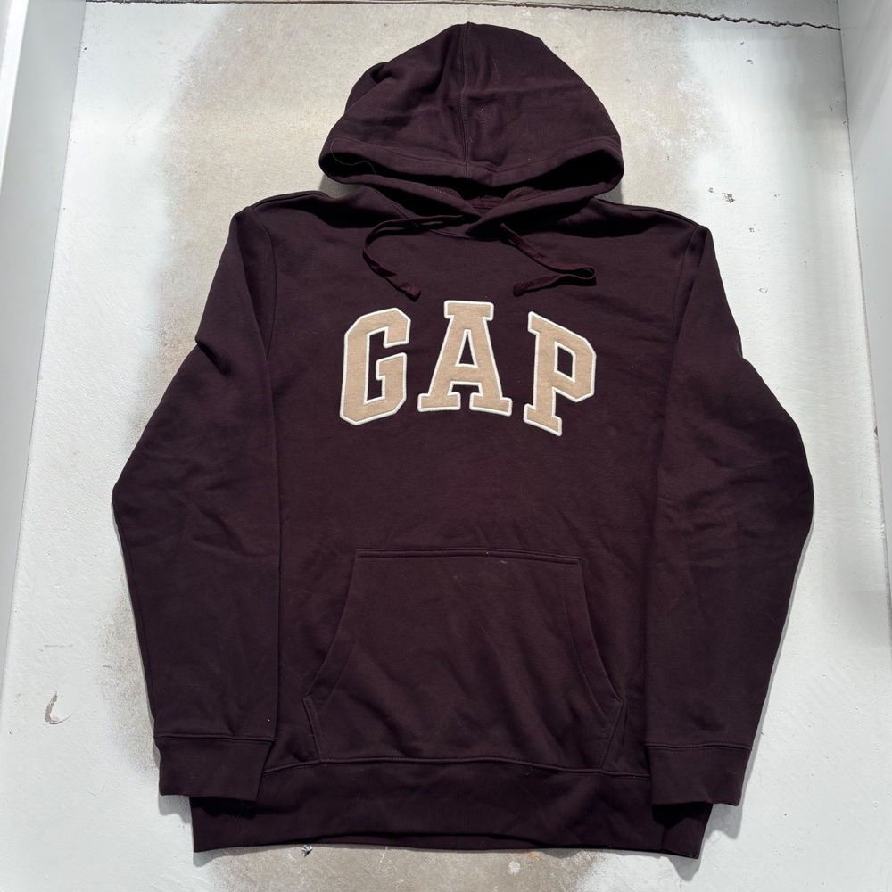 Gap Arch Logo Hoodie Mens Large Burgundy Maroon Pullover Fleece Sweatshirt